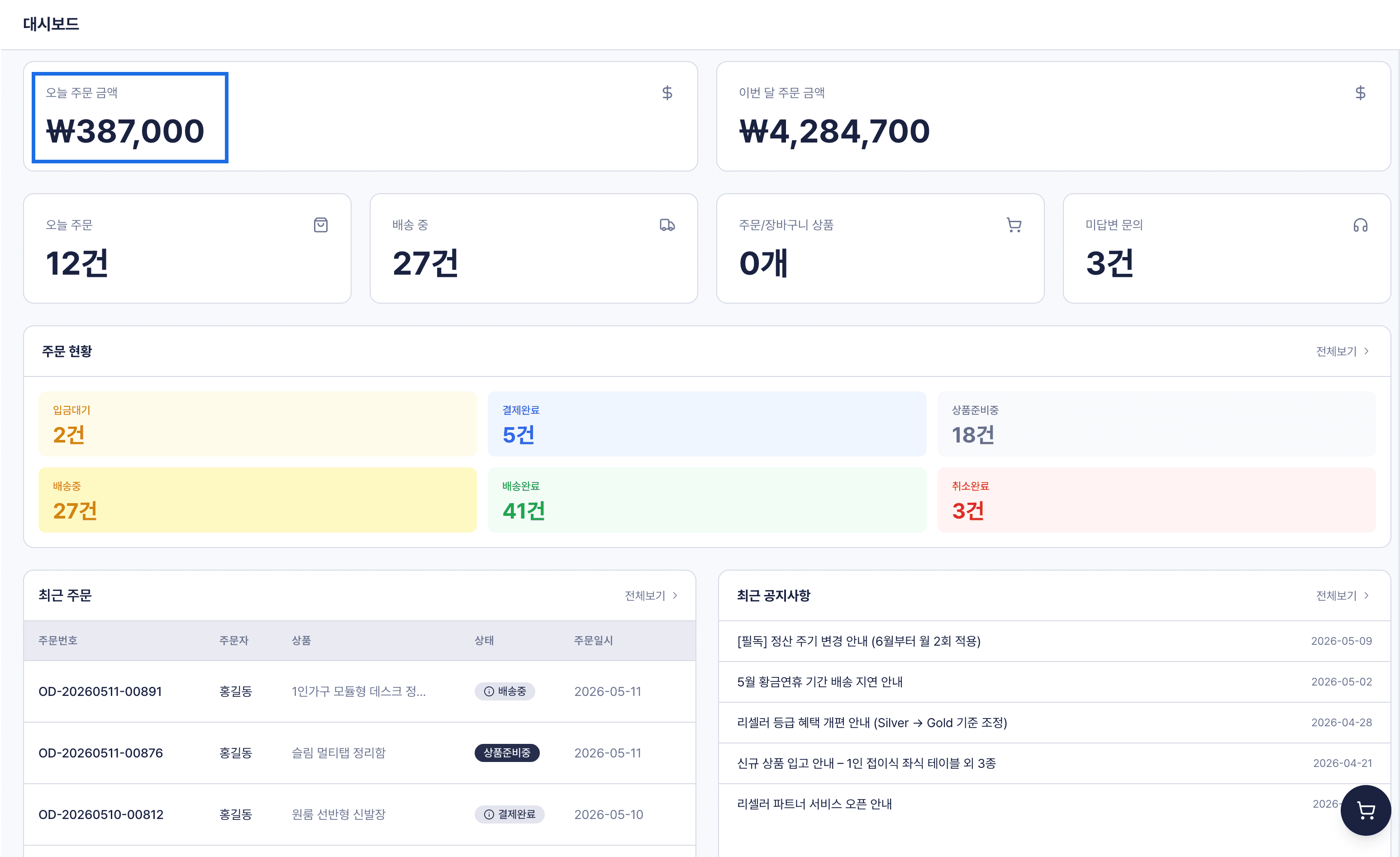 리셀러 관리자 대시보드 화면